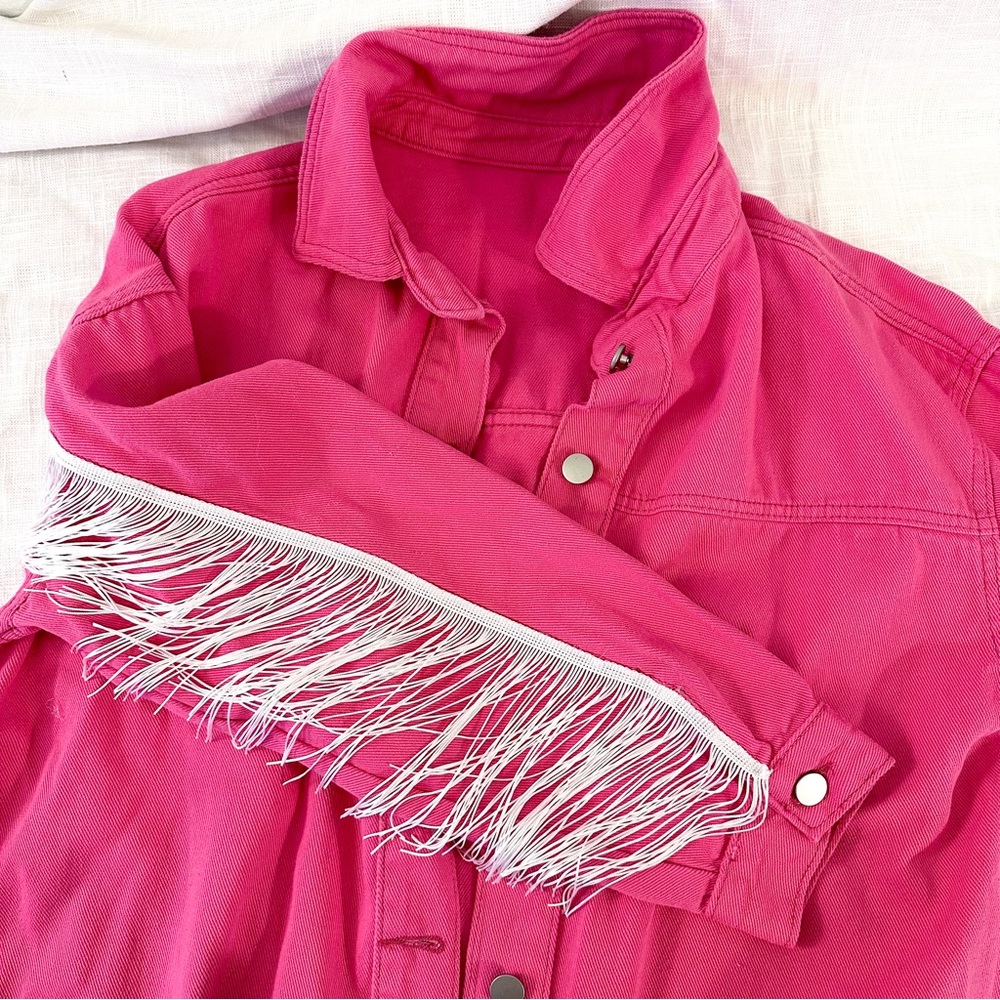 Hot Pink Generic Denim Jacket with white Fringe